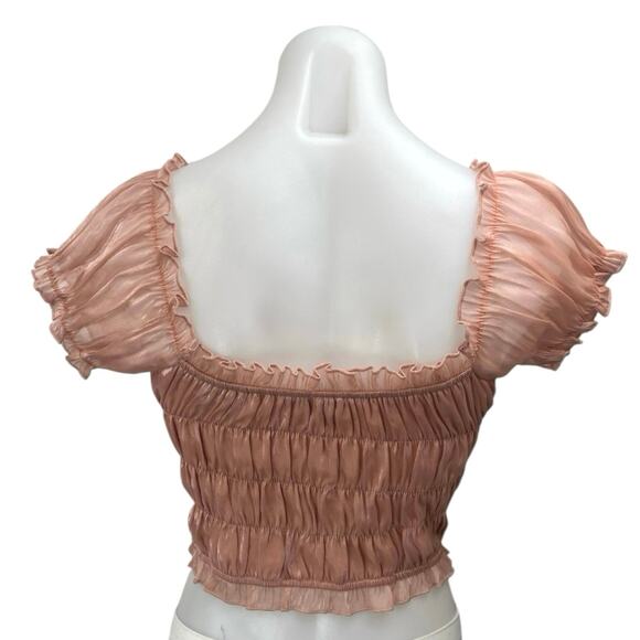 Tiger Mist Pink Metallic Ruched Cinched Short Puff Sleeve Crop Blouse Top Size M - Picture 3 of 5